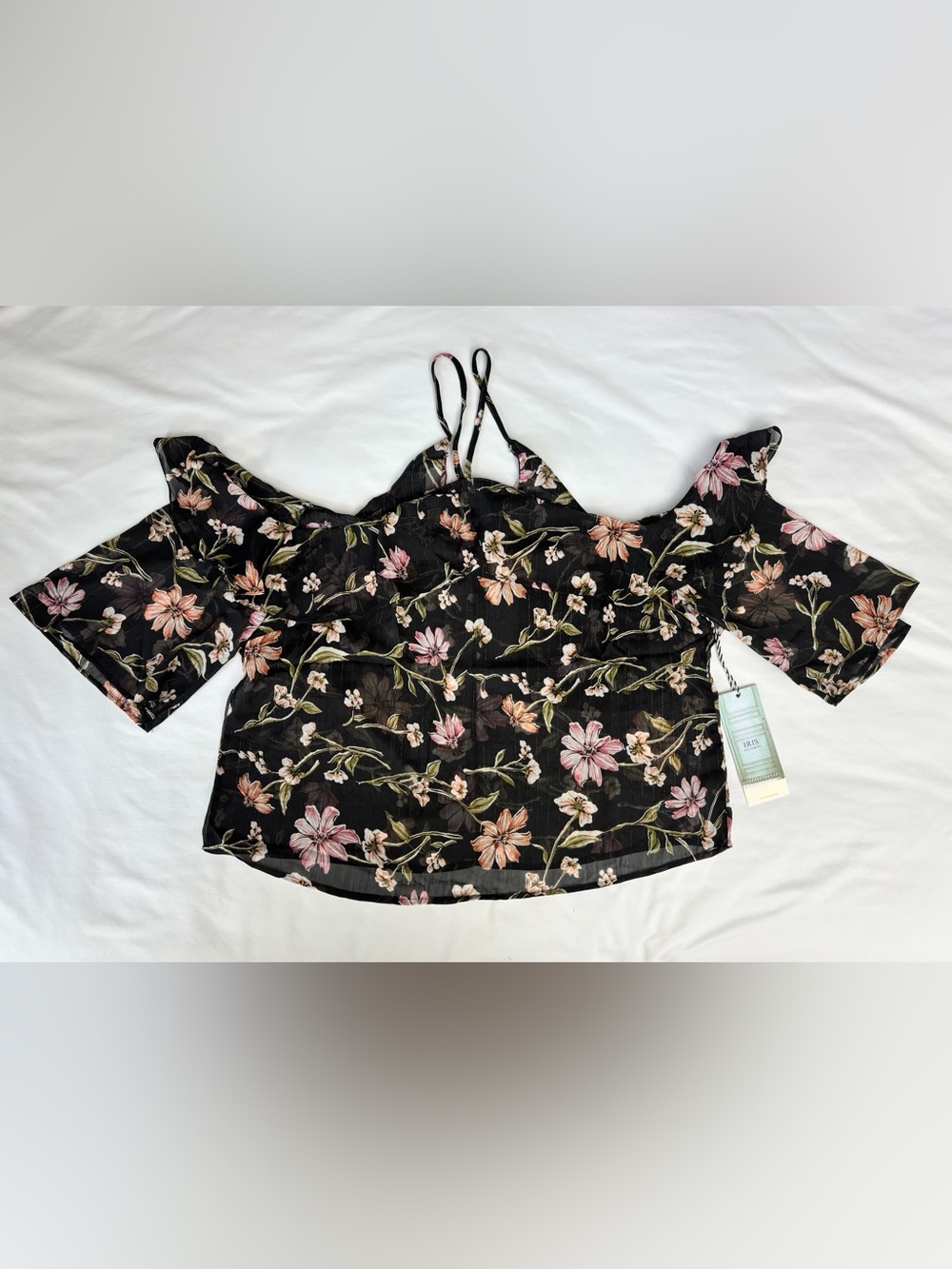 iris Junior Women's Black Floral Cold-Shoulder Sheer Cropped Top, Size: 2X, NWT
